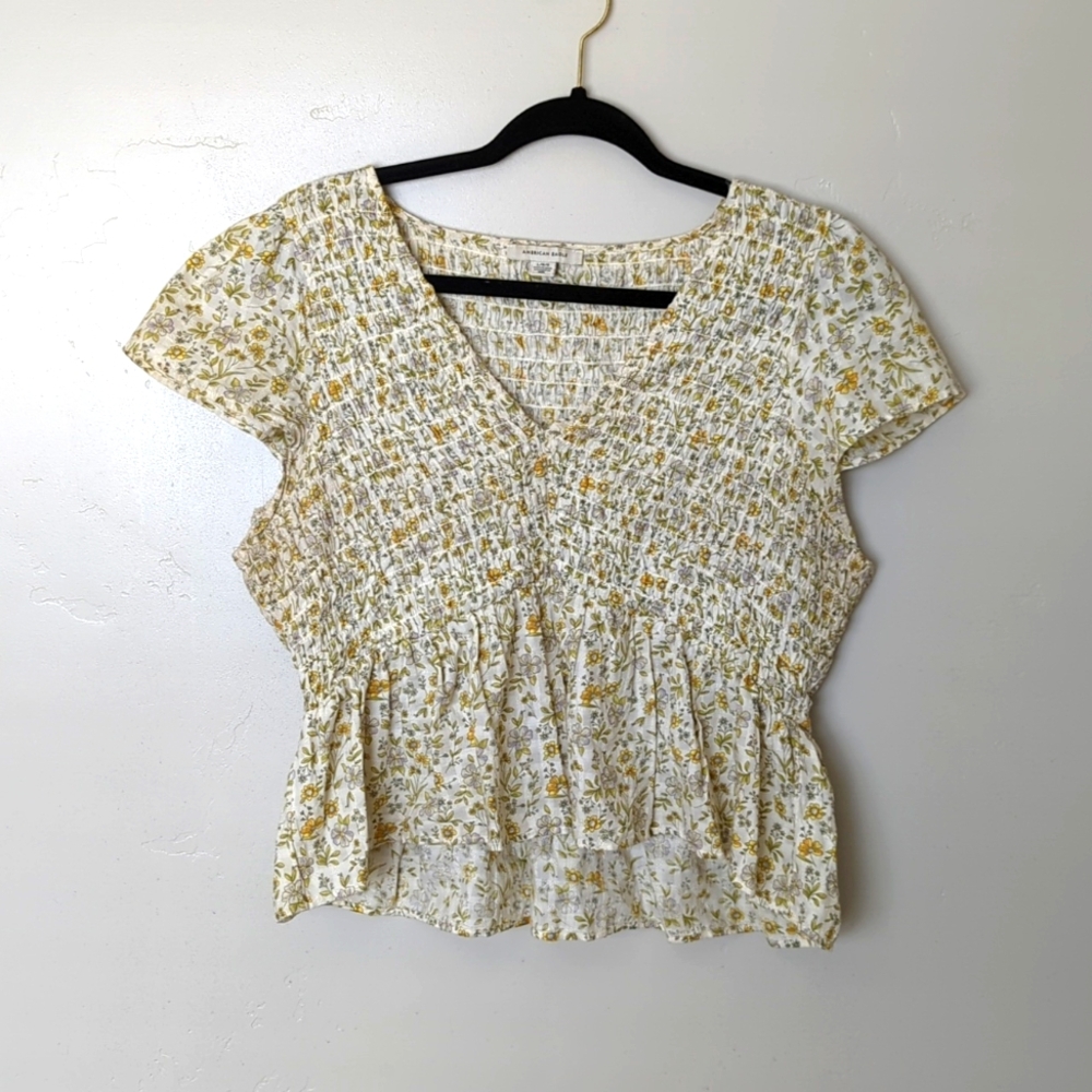 American Eagle Outfitters Floral Short Sleeve Top - White and Yellow